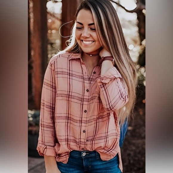 Free People No Limits Oversized Linen Plaid Button Down size Small EUC - Picture 2 of 15